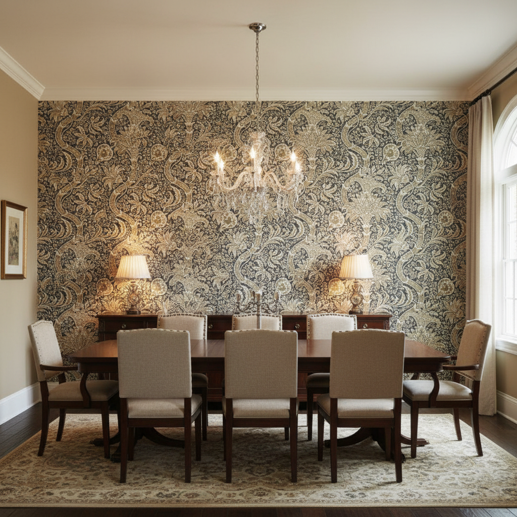 DWWM-14011 Indian Nickel Charcoal | William Morris - Dining Room Setting | William Morris