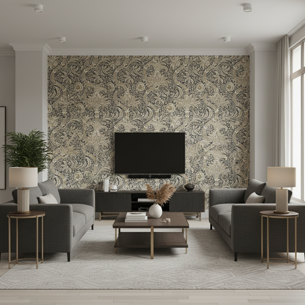 DWWM-14011 Indian Nickel Charcoal | William Morris - Family Room Setting | William Morris