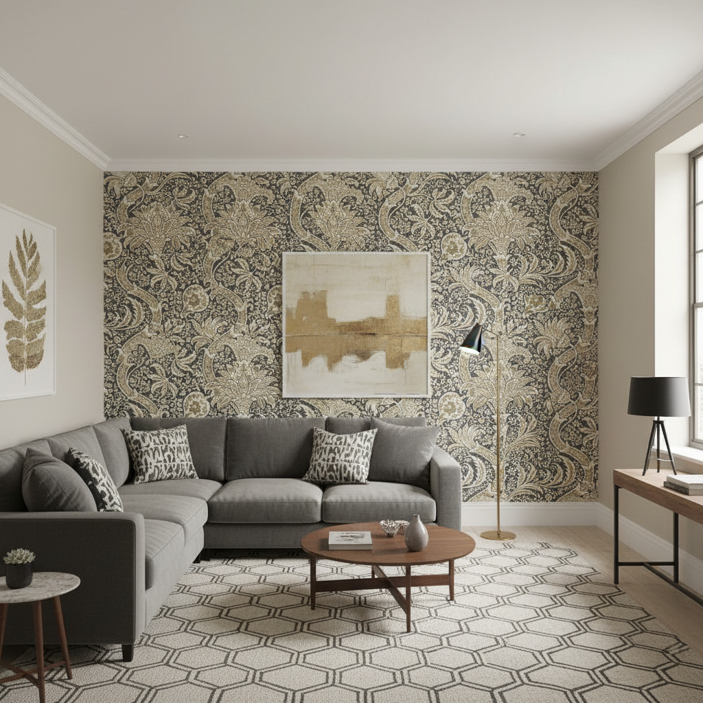 DWWM-14011 Indian Nickel Charcoal | William Morris - Living Room Setting | William Morris