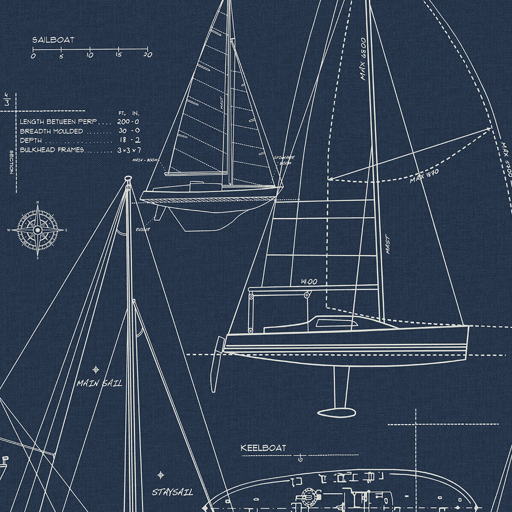 Malibu Sail Away Wallpaper - Coastal Illustration - Navy Blue | Malibu Wallpaper