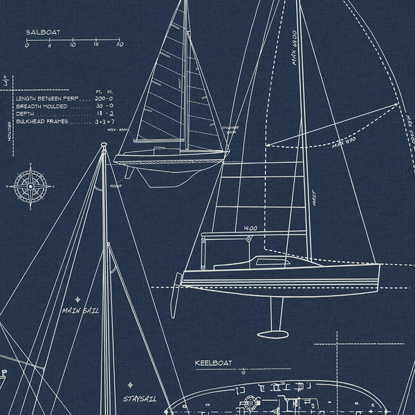 Malibu Sail Away Wallpaper - Coastal Illustration - Navy Blue | Malibu Wallpaper
