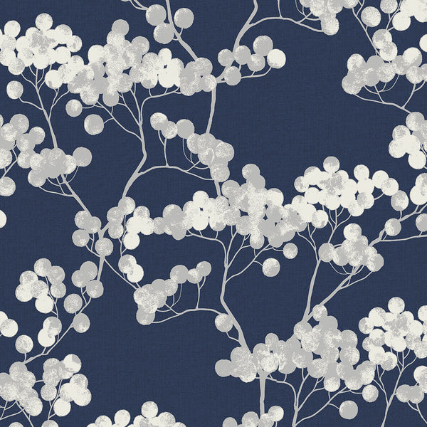 Bayberry Blossom Contemporary Floral - Navy Blue | Architectural Wallcoverings