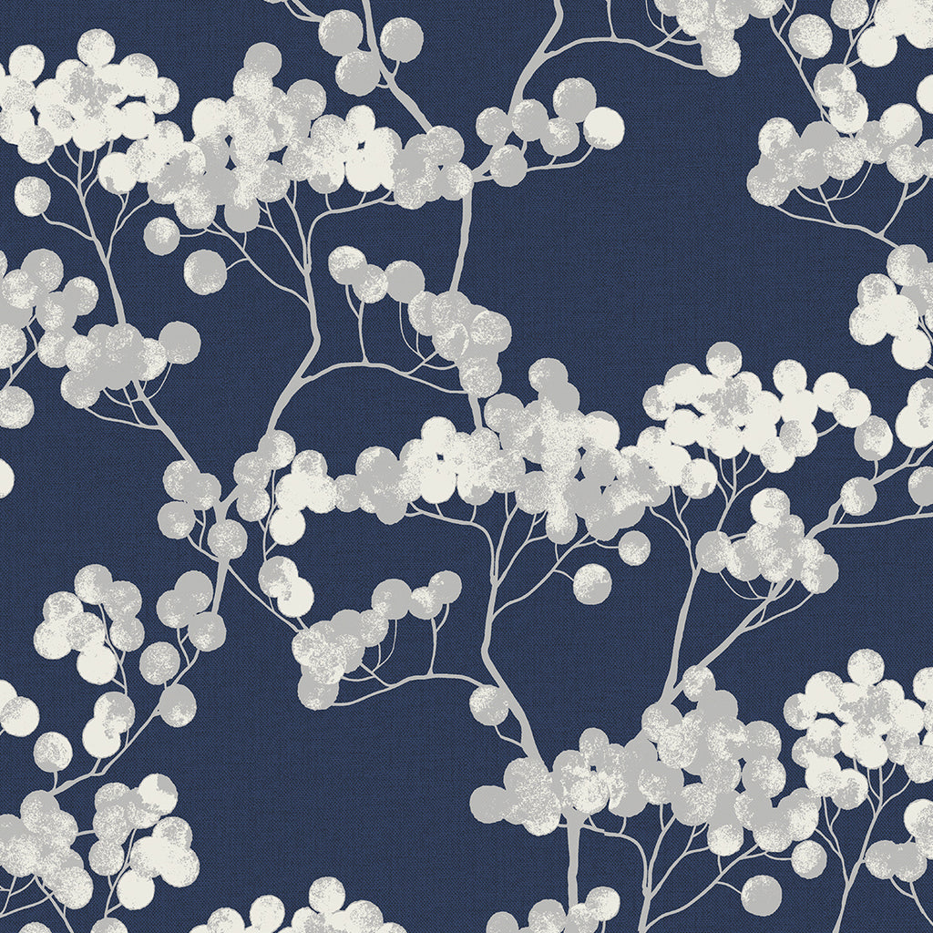 Malibu Bayberry Blossom Wallpaper - Contemporary Floral - Navy Blue | Malibu Wallpaper