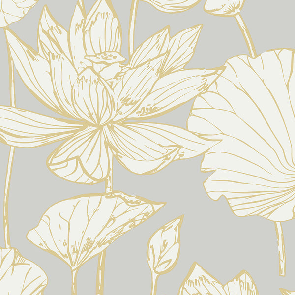 Water Lily Floral Contemporary Floral - Metallic Gold & Grey | Architectural Wallcoverings