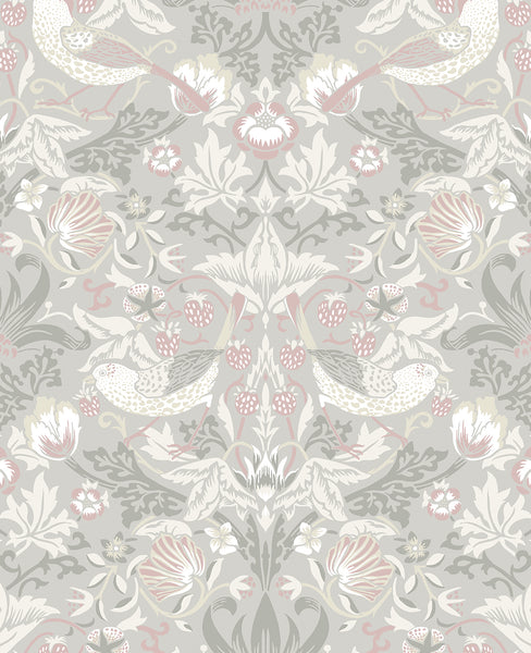 Malibu Fragaria Garden Wallpaper - Vintage Animal Print - Light Grey & Rose Petal | Malibu Wallpaper