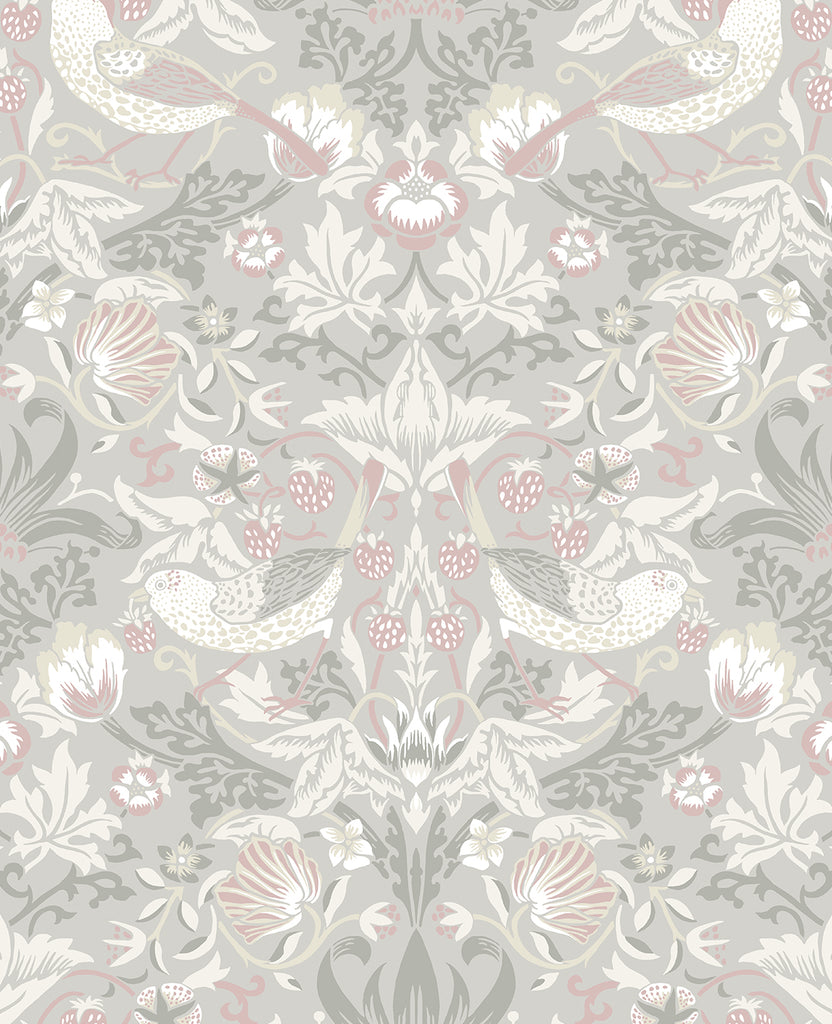 Malibu Fragaria Garden Wallpaper - Vintage Animal Print - Light Grey & Rose Petal | Malibu Wallpaper