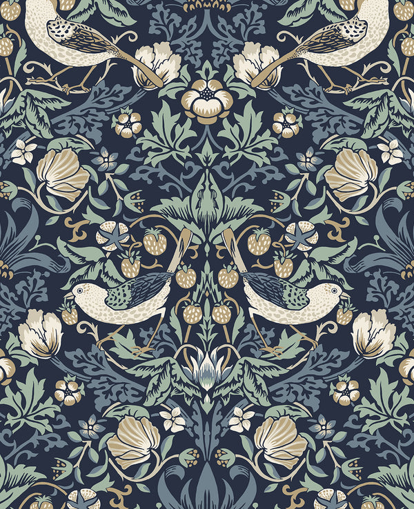 Fragaria Garden Vintage Animal Print - Navy Blue & Aloe | Architectural Wallcoverings