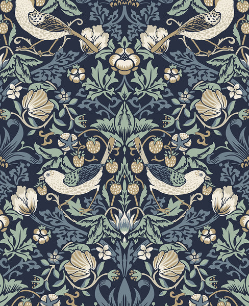 Malibu Fragaria Garden Wallpaper - Vintage Animal Print - Navy Blue & Aloe | Malibu Wallpaper