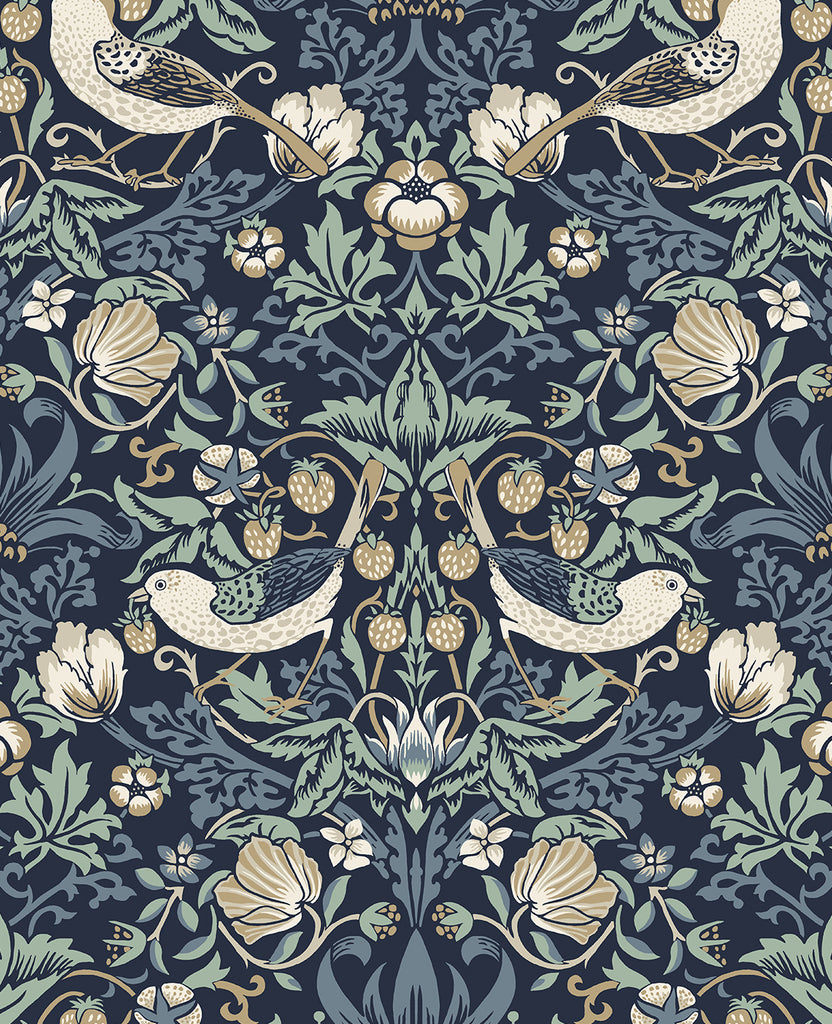 Malibu Fragaria Garden Wallpaper - Vintage Animal Print - Navy Blue & Aloe | Malibu Wallpaper