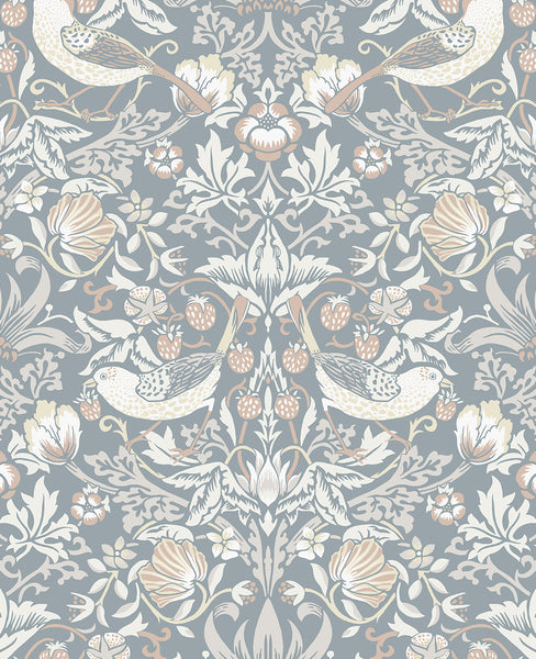 Malibu Fragaria Garden Wallpaper - Vintage Animal Print - Blue Mist & Blush | Malibu Wallpaper