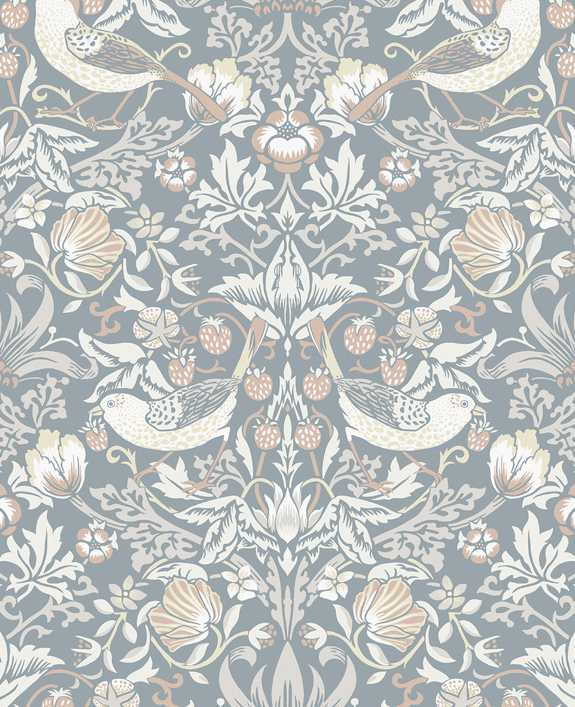 Malibu Fragaria Garden Wallpaper - Vintage Animal Print - Blue Mist & Blush | Malibu Wallpaper