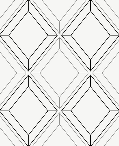 Malibu Linework Gem Wallpaper - Contemporary Geometric - Metallic Silver & Ebony | Malibu Wallpaper