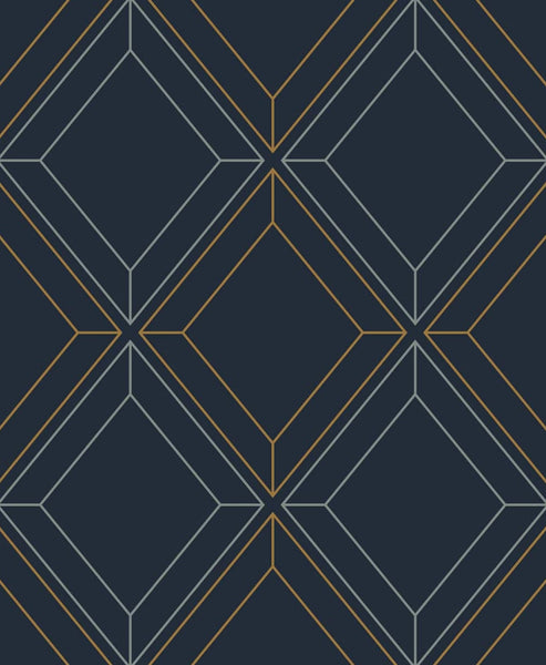 Malibu Linework Gem Wallpaper - Contemporary Geometric - Midnight Blue & Metallic Gold | Malibu Wallpaper