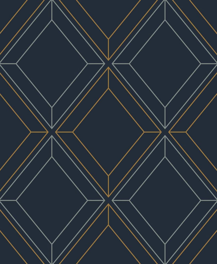 Malibu Linework Gem Wallpaper - Contemporary Geometric - Midnight Blue & Metallic Gold | Malibu Wallpaper