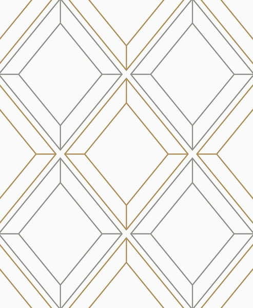 Malibu Linework Gem Wallpaper - Contemporary Geometric - Metallic Silver & Gold | Malibu Wallpaper