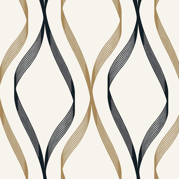 Wave Ogee Contemporary Geometric - Metallic Gold & Ebony | Architectural Wallcoverings
