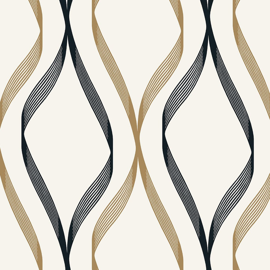 Malibu Wave Ogee Wallpaper - Contemporary Geometric - Metallic Gold & Ebony | Malibu Wallpaper