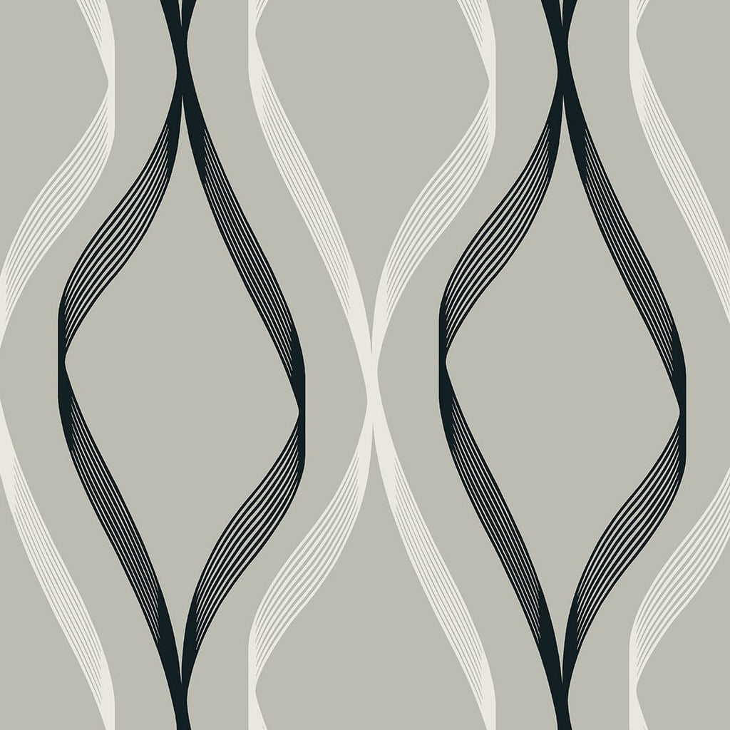 Malibu Wave Ogee Wallpaper - Contemporary Geometric - Fog Grey & Ebony | Malibu Wallpaper