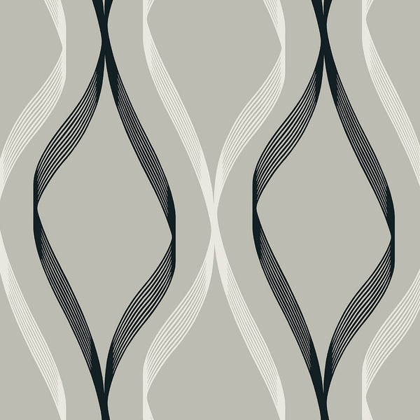 Malibu Wave Ogee Wallpaper - Contemporary Geometric - Fog Grey & Ebony | Malibu Wallpaper