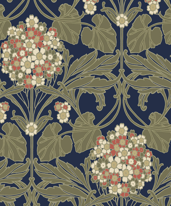 Floral Hydrangea Vintage Floral - Navy & Terra Cotta | Architectural Wallcoverings