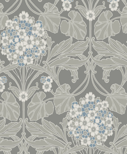 Malibu Floral Hydrangea Wallpaper - Vintage Floral - Daydream Grey & Carolina Blue | Malibu Wallpaper