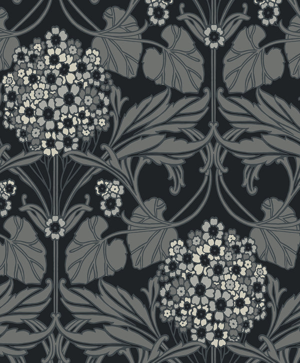 Floral Hydrangea Vintage Floral - Ebony & Charcoal | Architectural Wallcoverings