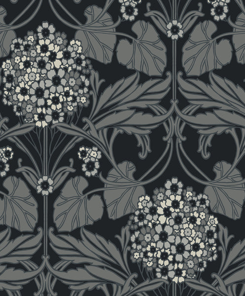 Malibu Floral Hydrangea Wallpaper - Vintage Floral - Ebony & Charcoal | Malibu Wallpaper