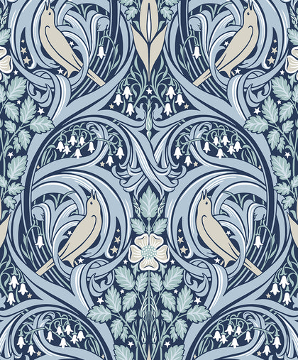 Bird Scroll Vintage Botanical - Denim & Blue Mist | Architectural Wallcoverings
