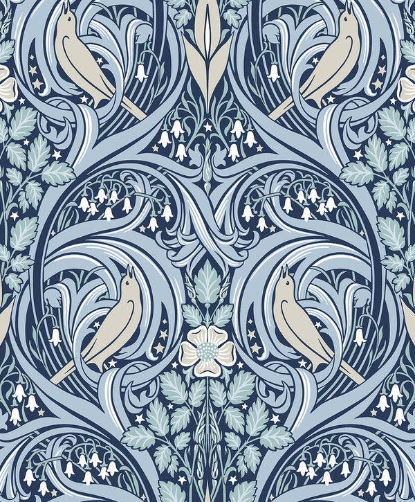 Bird Scroll Vintage Botanical - Denim & Blue Mist | Architectural Wallcoverings