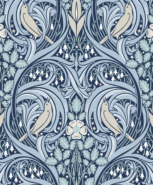 Malibu Bird Scroll Wallpaper - Vintage Botanical - Denim & Blue Mist | Malibu Wallpaper