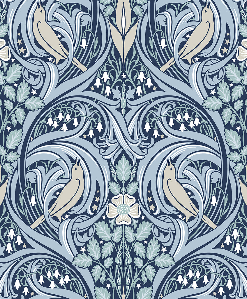 Malibu Bird Scroll Wallpaper - Vintage Botanical - Denim & Blue Mist | Malibu Wallpaper