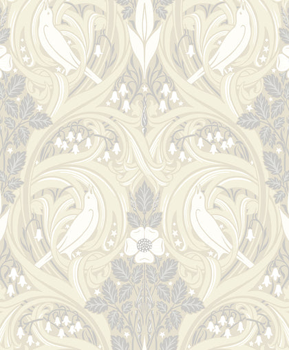 Bird Scroll Vintage Botanical - Swiss Coffee & Grey | Architectural Wallcoverings