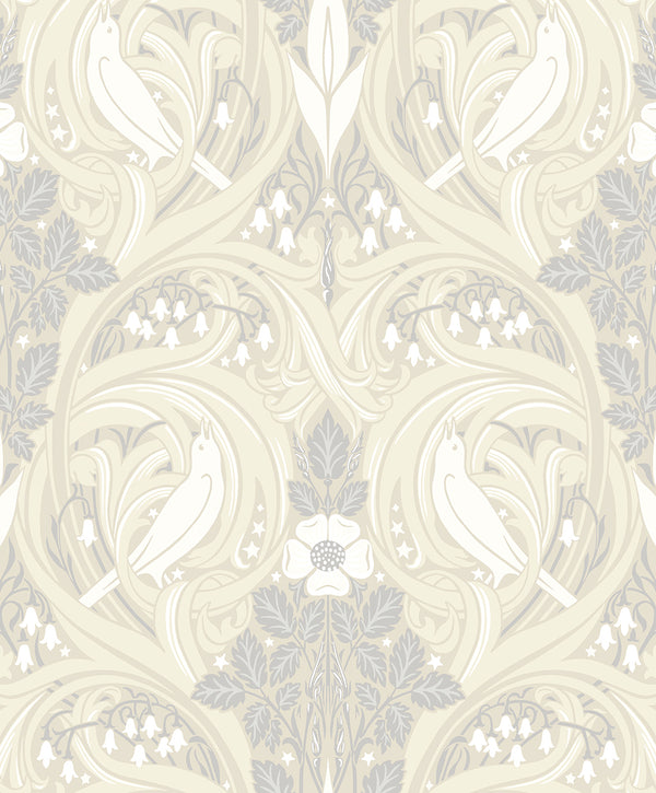 Bird Scroll Vintage Botanical - Swiss Coffee & Grey | Architectural Wallcoverings
