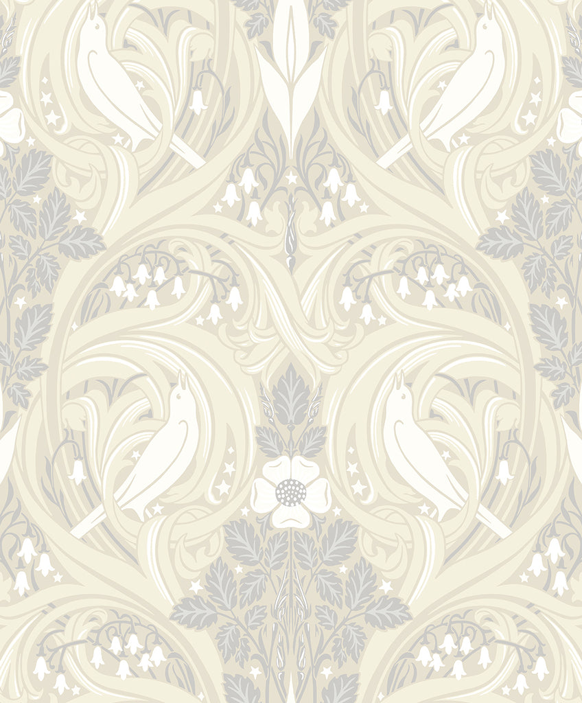 Malibu Bird Scroll Wallpaper - Vintage Botanical - Swiss Coffee & Grey | Malibu Wallpaper