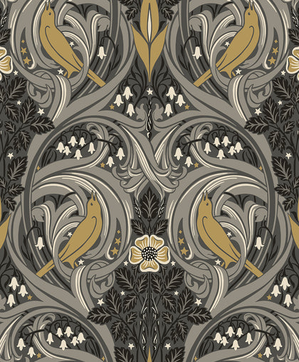 Bird Scroll Vintage Botanical - Charcoal & Goldenrod | Architectural Wallcoverings