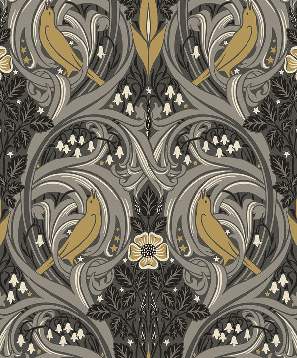 Bird Scroll Vintage Botanical - Charcoal & Goldenrod | Architectural Wallcoverings