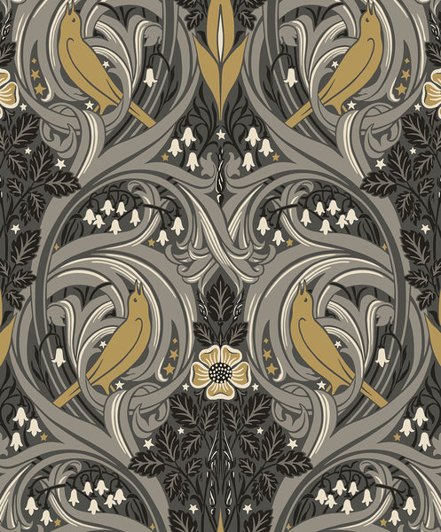 Malibu Bird Scroll Wallpaper - Vintage Botanical - Charcoal & Goldenrod | Malibu Wallpaper