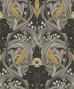 Malibu Bird Scroll Wallpaper - Vintage Botanical - Charcoal & Goldenrod | Malibu Wallpaper