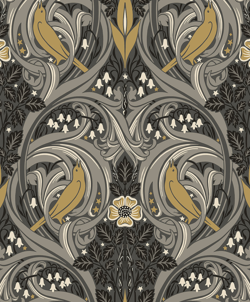 Malibu Bird Scroll Wallpaper - Vintage Botanical - Charcoal & Goldenrod | Malibu Wallpaper