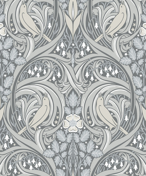 Malibu Bird Scroll Wallpaper - Vintage Botanical - Argos Grey & Linen | Malibu Wallpaper
