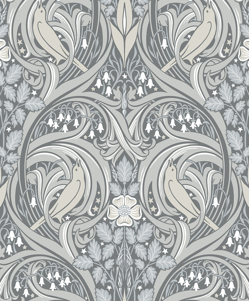 Malibu Bird Scroll Wallpaper - Vintage Botanical - Argos Grey & Linen | Malibu Wallpaper