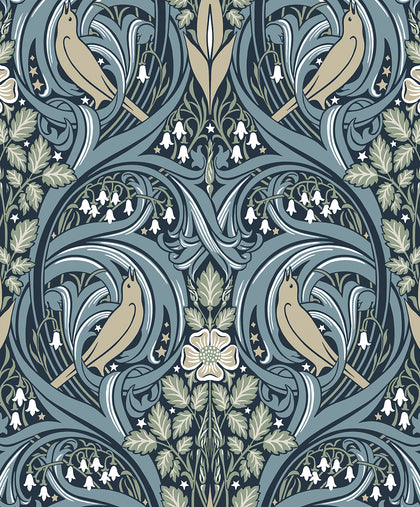 Bird Scroll Vintage Botanical - Navy & Beige | Architectural Wallcoverings