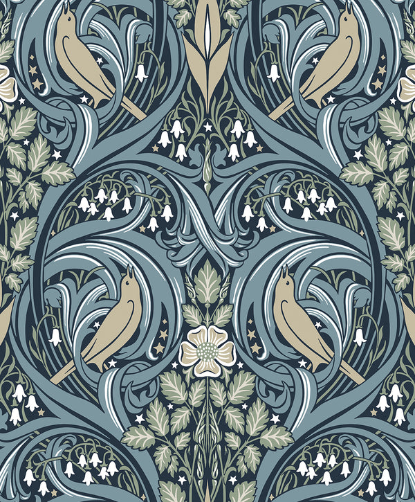 Bird Scroll Vintage Botanical - Navy & Beige | Architectural Wallcoverings