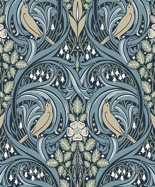 Malibu Bird Scroll Wallpaper - Vintage Botanical - Navy & Beige | Malibu Wallpaper