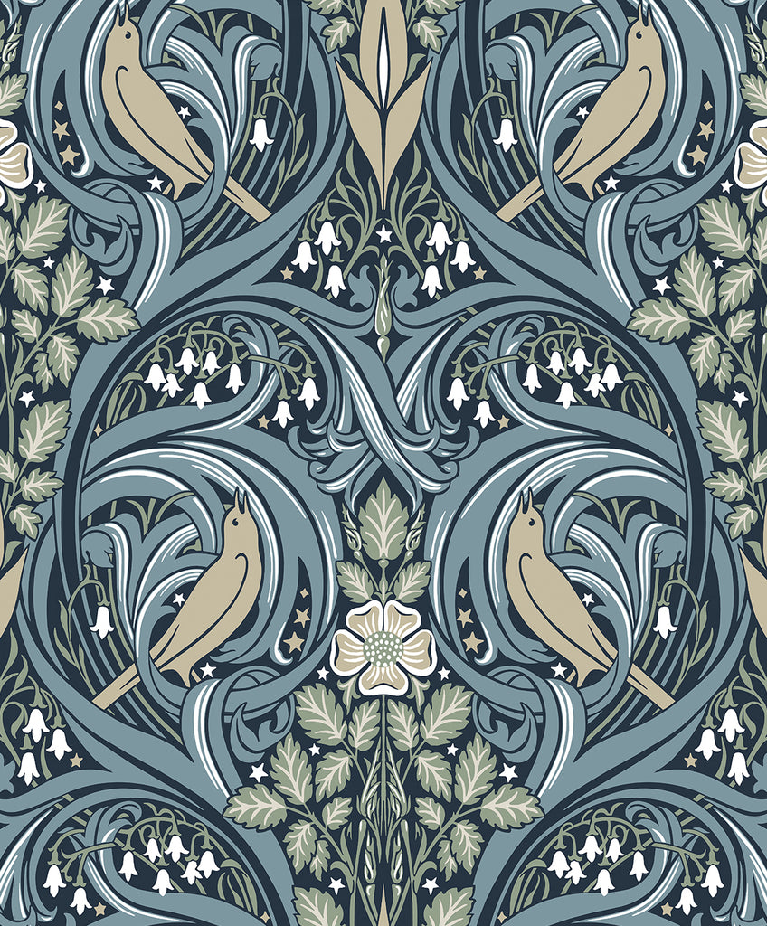 Malibu Bird Scroll Wallpaper - Vintage Botanical - Navy & Beige | Malibu Wallpaper