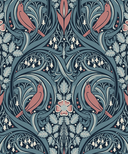 Bird Scroll Vintage Botanical - Aegean Teal & Coral | Architectural Wallcoverings