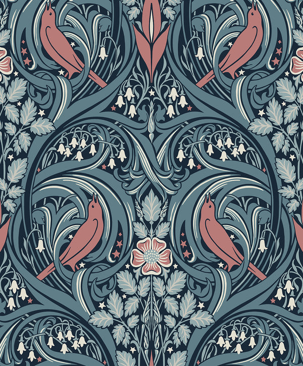Bird Scroll Vintage Botanical - Aegean Teal & Coral | Architectural Wallcoverings