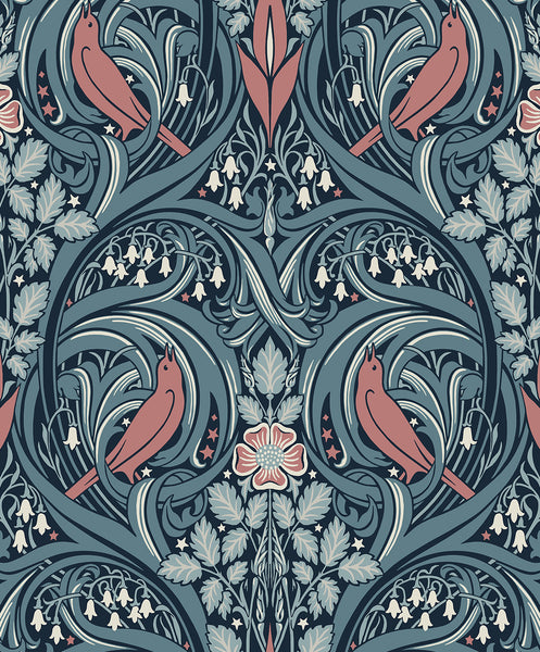 Malibu Bird Scroll Wallpaper - Vintage Botanical - Aegean Teal & Coral | Malibu Wallpaper