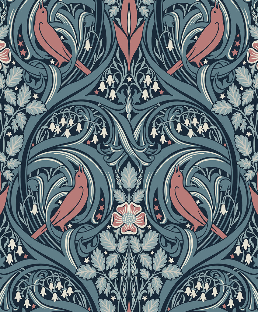 Malibu Bird Scroll Wallpaper - Vintage Botanical - Aegean Teal & Coral | Malibu Wallpaper