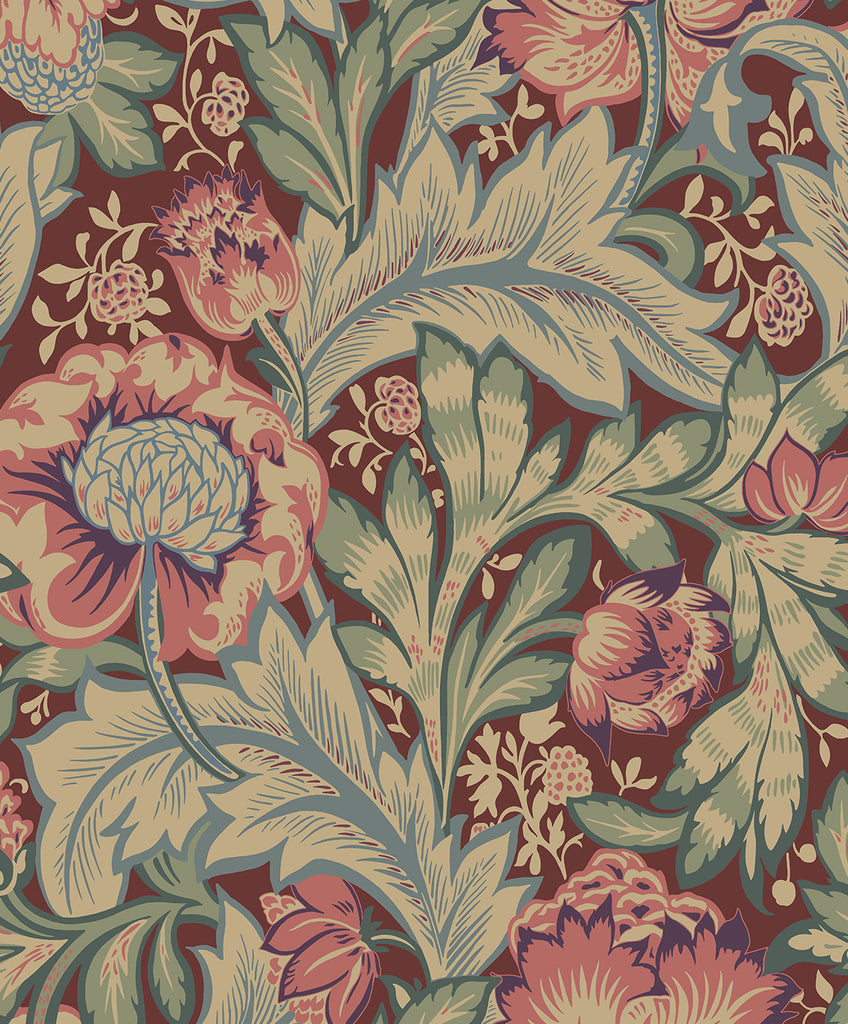 Malibu Acanthus Garden Wallpaper - Vintage Botanical - Deep Mauve & Aegean Blue | Malibu Wallpaper